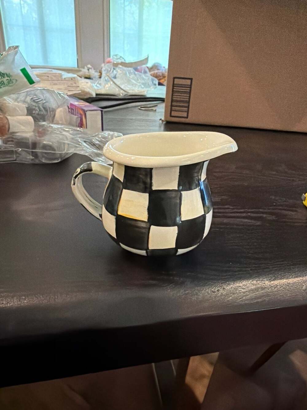 MacKenzie-Childs Courtly Check Enamelware Creamer Small Pitcher 4” x 3” Defect